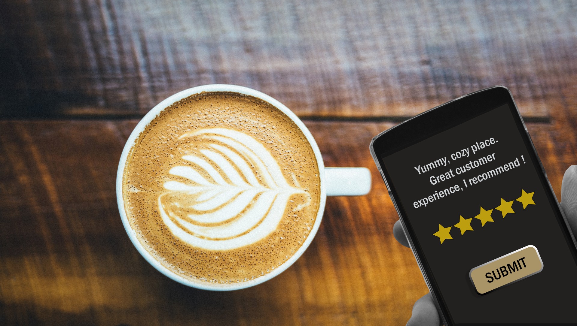 Customer Experience Concept, food restaurant review. Top view of a man using a Smartphone in Cafe or Restaurant to Feedback Five Star Rating in Online Satisfaction Survey Application,