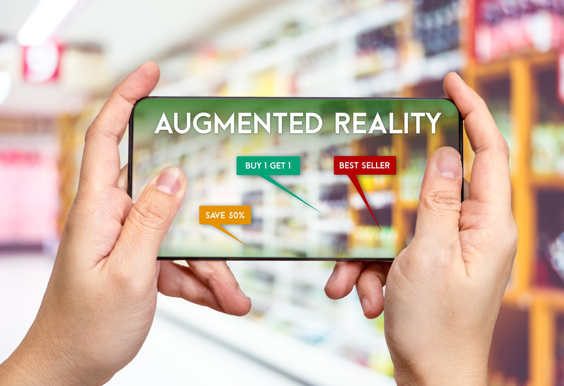 Hand hold mobile phone and using augmented reality ( AR ) app for see promotion sale in supermarket store,Digital lifestyle Technology concept.